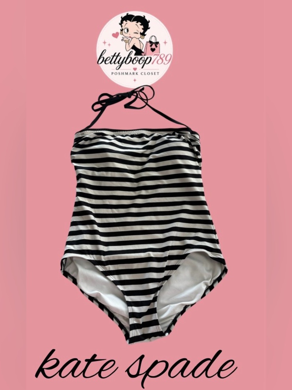 kate spade Black and White Striped Swimsuit with Gold Spade Charm